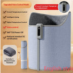 Blue, fabric, cylindrical under-desk foot warmer with digital temperature control, voice command, and bonus blanket.
