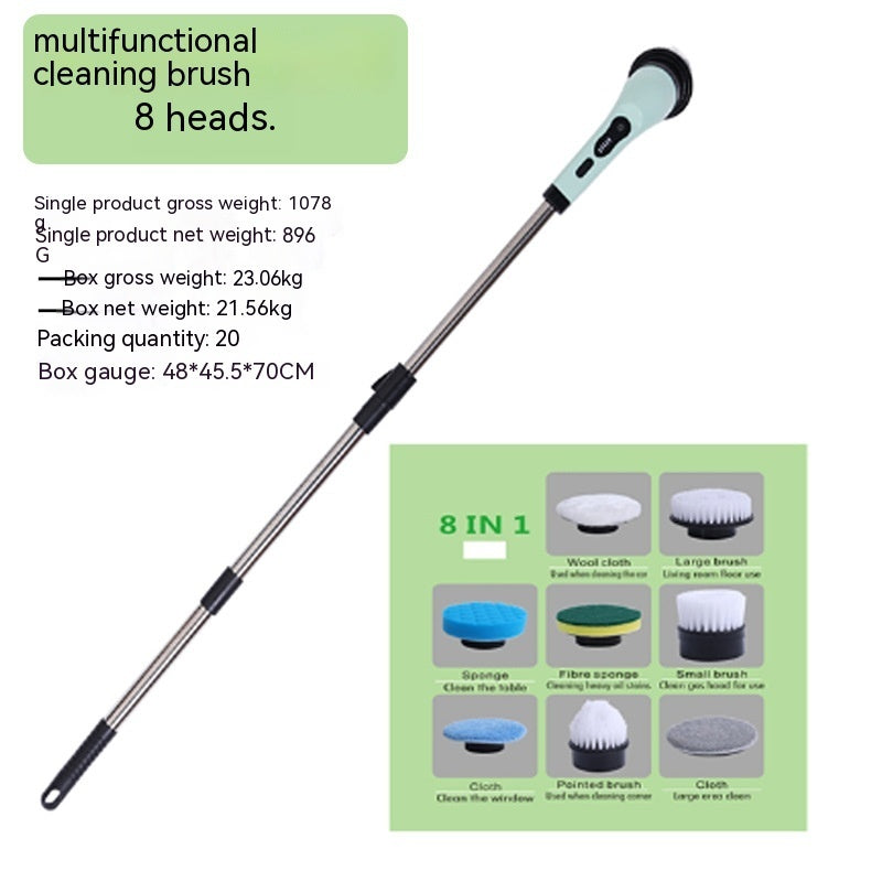 Wireless electric cleaning brush with a mint green handle, retractable metal pole, and eight interchangeable attachments.