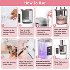 8-step tutorial for a white and rose gold electric makeup brush cleaner featuring a digital display and UV drying.