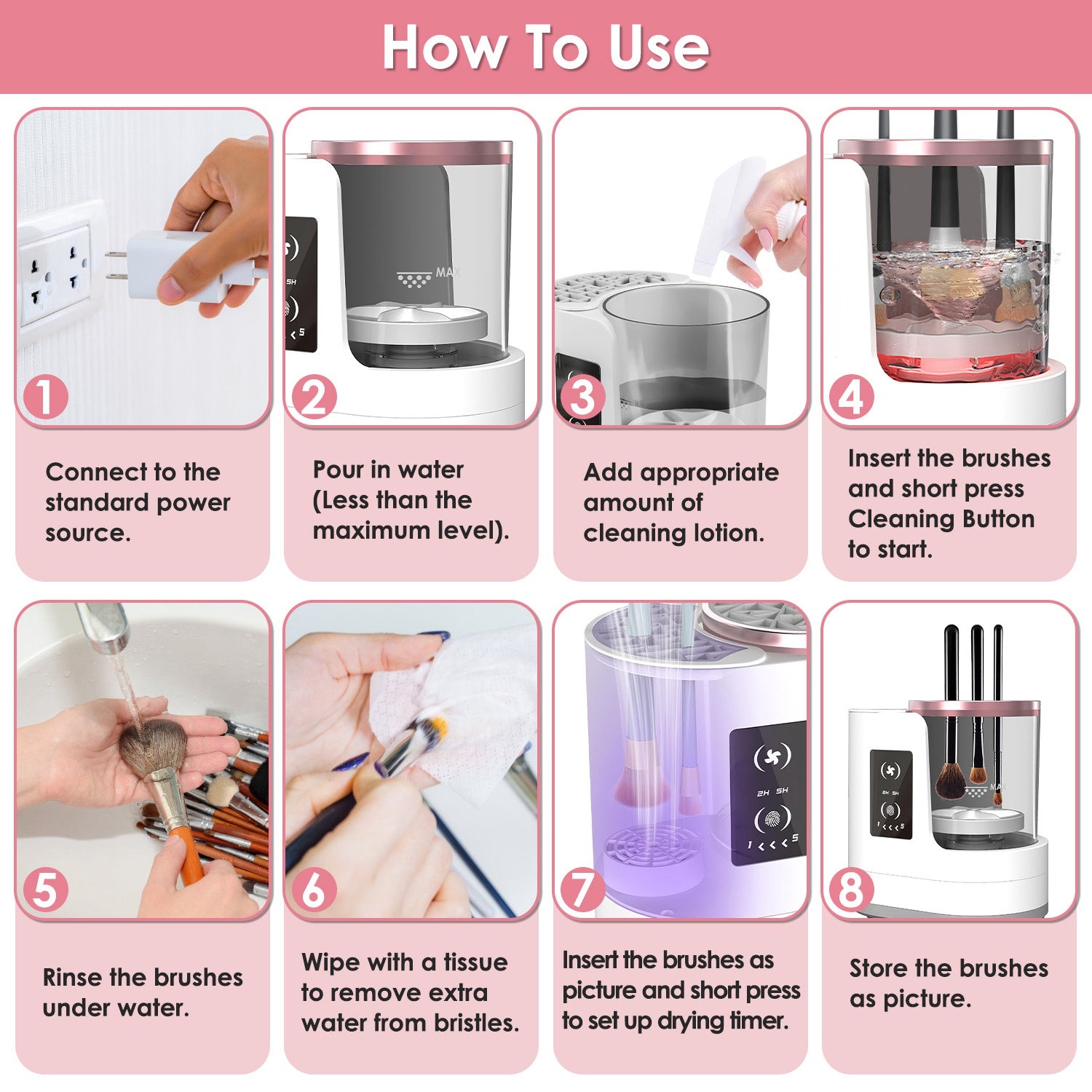 8-step tutorial for a white and rose gold electric makeup brush cleaner featuring a digital display and UV drying.