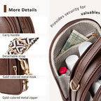 Coffee brown crossbody bag with two zipper pockets, patterned adjustable strap, handle, and gold-toned hardware.