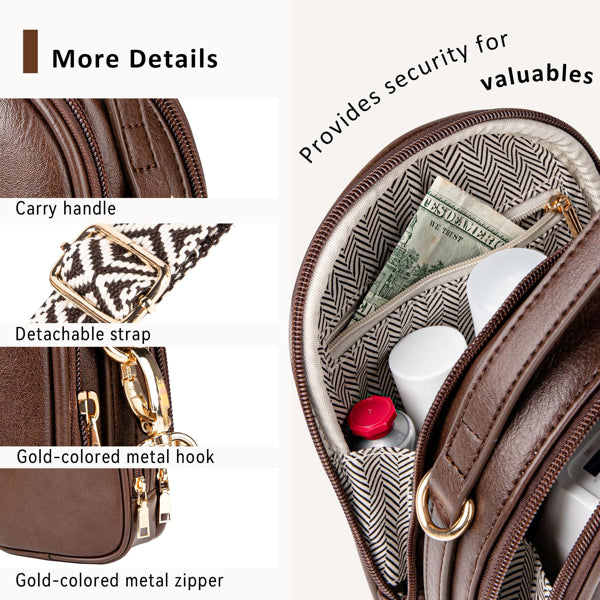 Coffee brown crossbody bag with two zipper pockets, patterned adjustable strap, handle, and gold-toned hardware.