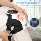 A person secures a white and black electric knee massager with straps, featuring a digital display and heat therapy.