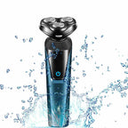 Cordless electric shaver with a 3-head rotary blade, blue-black finish, power button, and water splash effect.