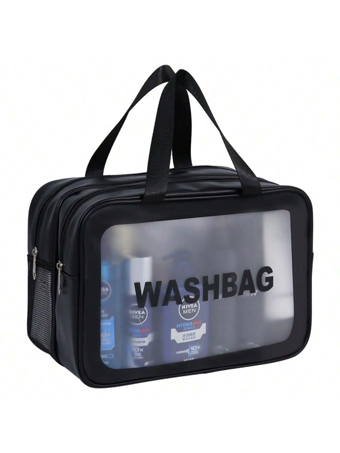 Black travel makeup bag with a clear front panel, double zippers, and sturdy handles, filled with toiletry bottles.