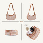 Brown and white checkered vegan leather hobo bag with a braided handle, shown from multiple angles with contents.