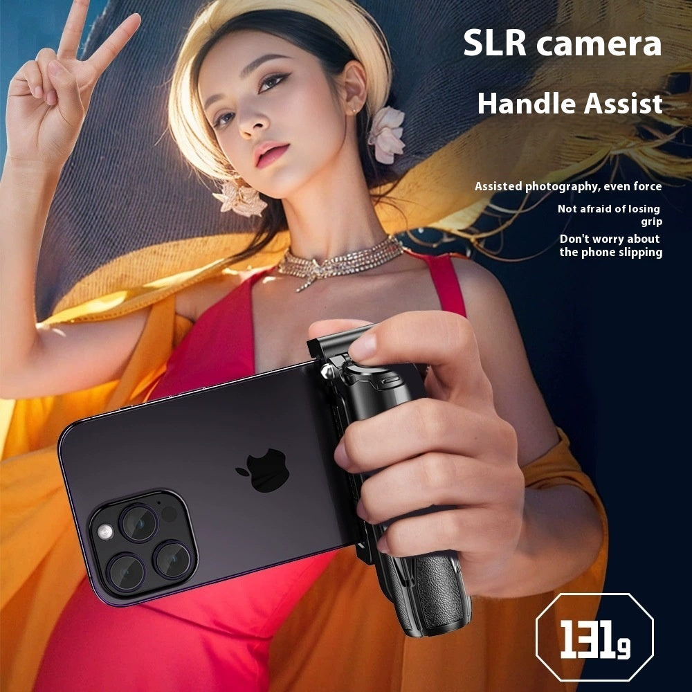 A woman holds a smartphone with a black magnetic DSLR-style camera grip handle for steady photography.