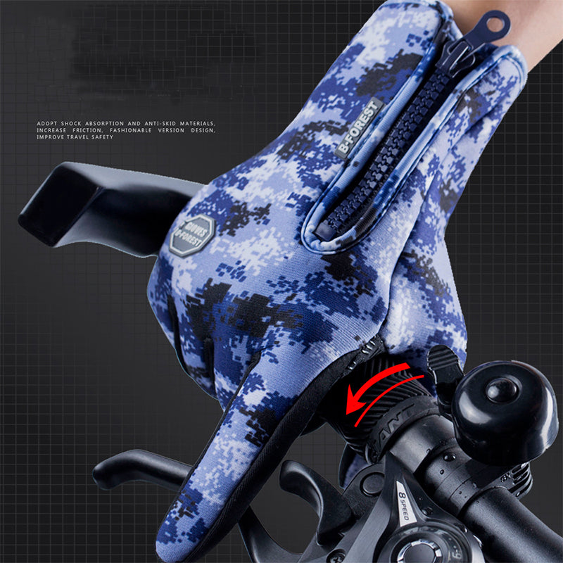 Blue camo fleece winter gloves with a zippered back, anti-skid grip, and touchscreen compatibility on a bike handle.