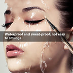 Waterproof black liquid eyeliner pen applied to a woman's wet face with text stating it is smudge-proof.