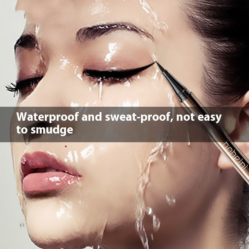 Waterproof black liquid eyeliner pen applied to a woman's wet face with text stating it is smudge-proof.