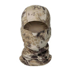 Tan tactical balaclava with a brown hexagonal camouflage print, featuring a full-face cutout on a white background.