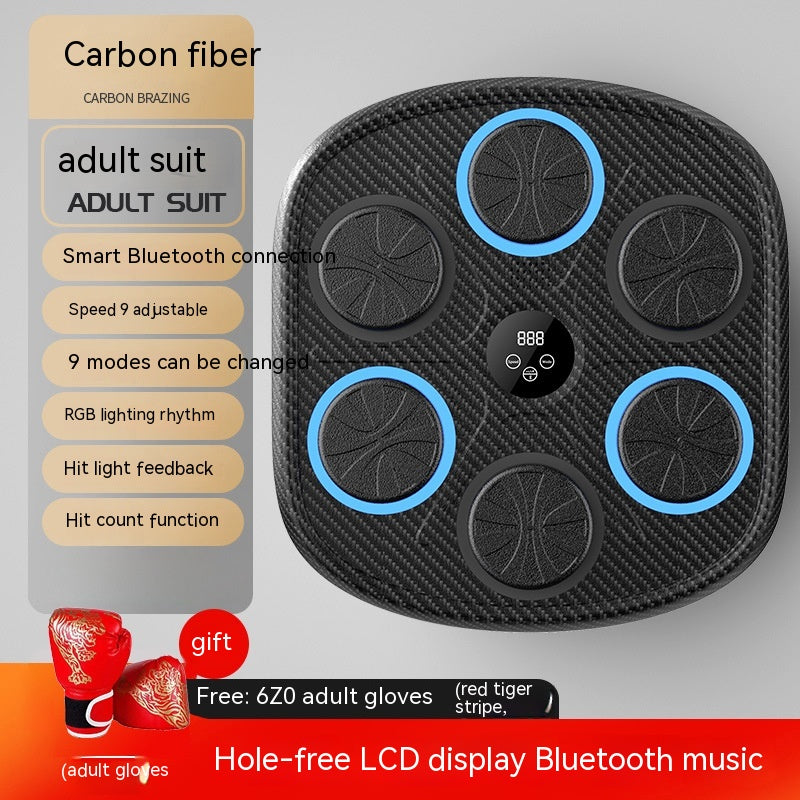 Black carbon fiber music boxing target with five circular pads, LED rings, LCD display, and free red boxing gloves.