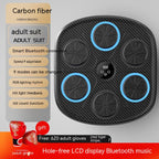 Black carbon fiber music boxing target with five circular pads, LED rings, LCD display, and free red boxing gloves.