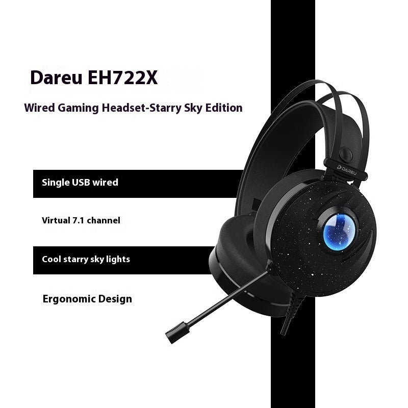 Black Dareu EH722X wired gaming headset with starry sky ear cup lights, mic, and ergonomic headband design.