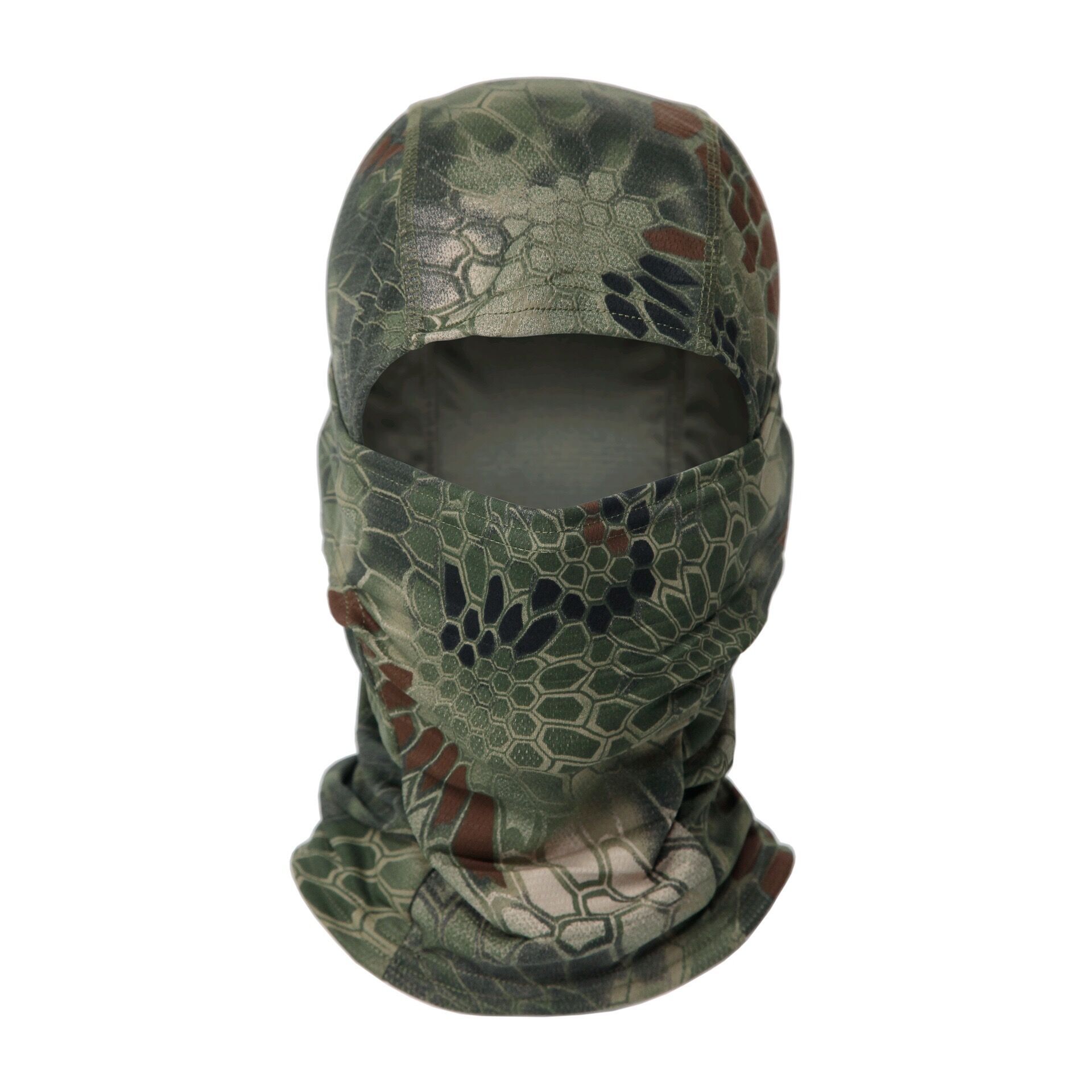 Tactical full-face balaclava in green and brown honeycomb camouflage print, made from lightweight, breathable fabric.