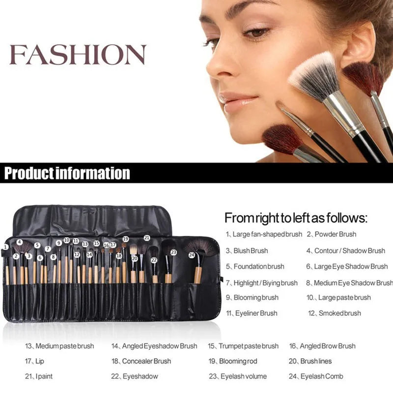 Professional 24-piece makeup brush set with light wooden handles and black storage roll, shown with an instructional guide.