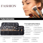 Professional 24-piece makeup brush set with light wooden handles and black storage roll, shown with an instructional guide.