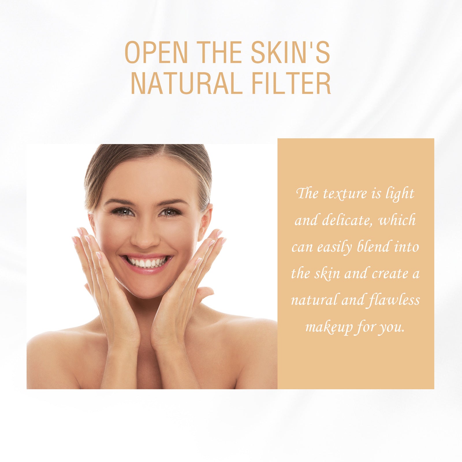 Smiling woman with glowing skin, gold text, and beige background promoting light, natural foundation makeup.