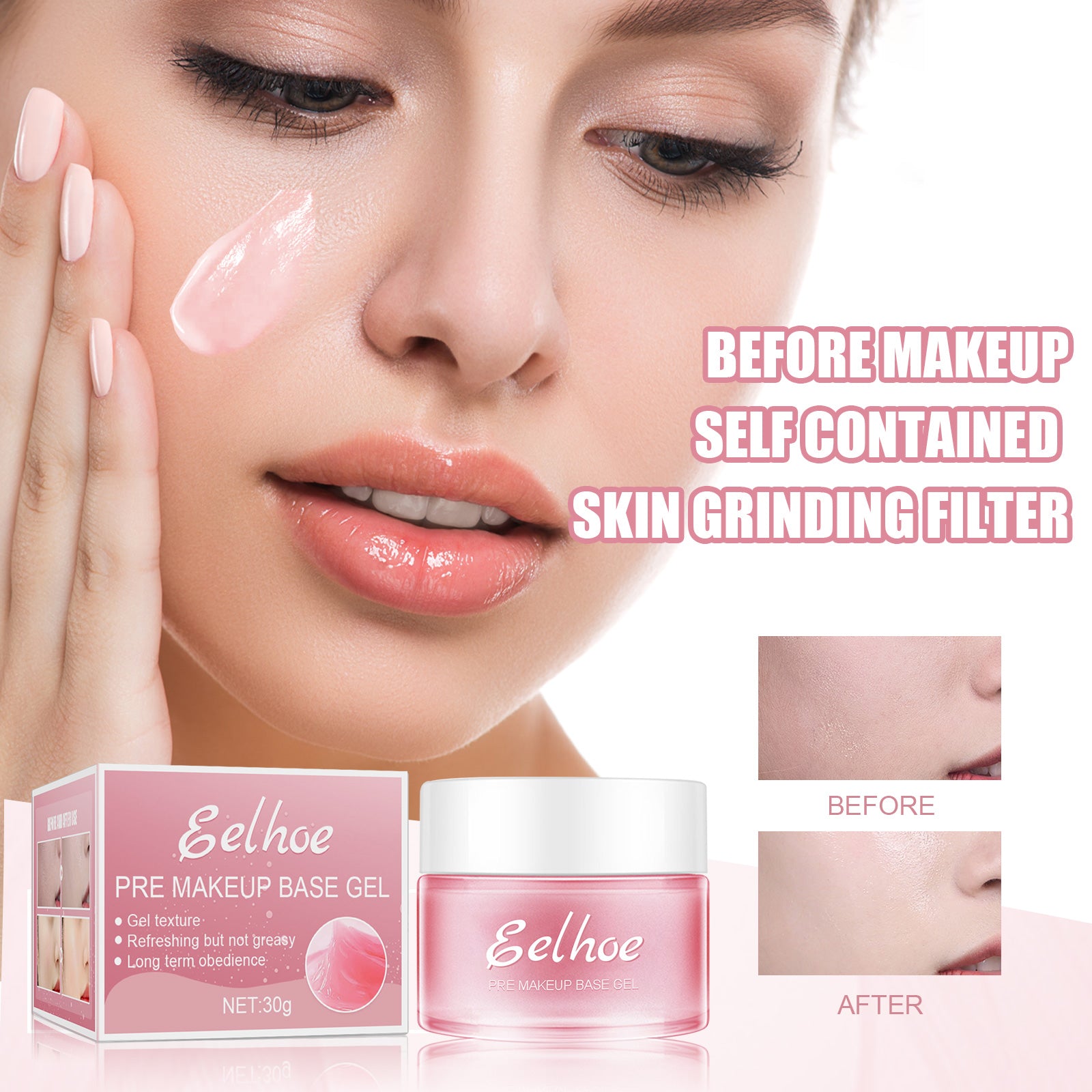 Woman applying pink EELHOE makeup base gel. Includes product packaging and before-after skin texture comparisons.