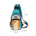 Teal, grey, and orange crossbody sport bag with black mesh, zipper pockets, and a smartphone for scale (32x20x11cm).