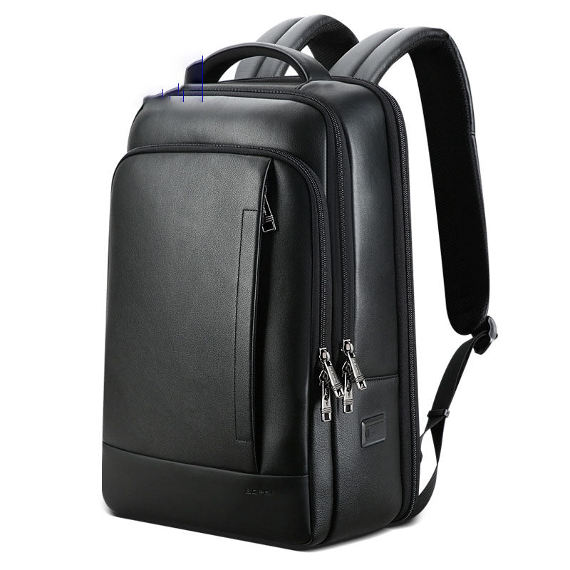 A black leather men's business backpack with multiple zippered compartments, padded straps, and a sleek, modern design.