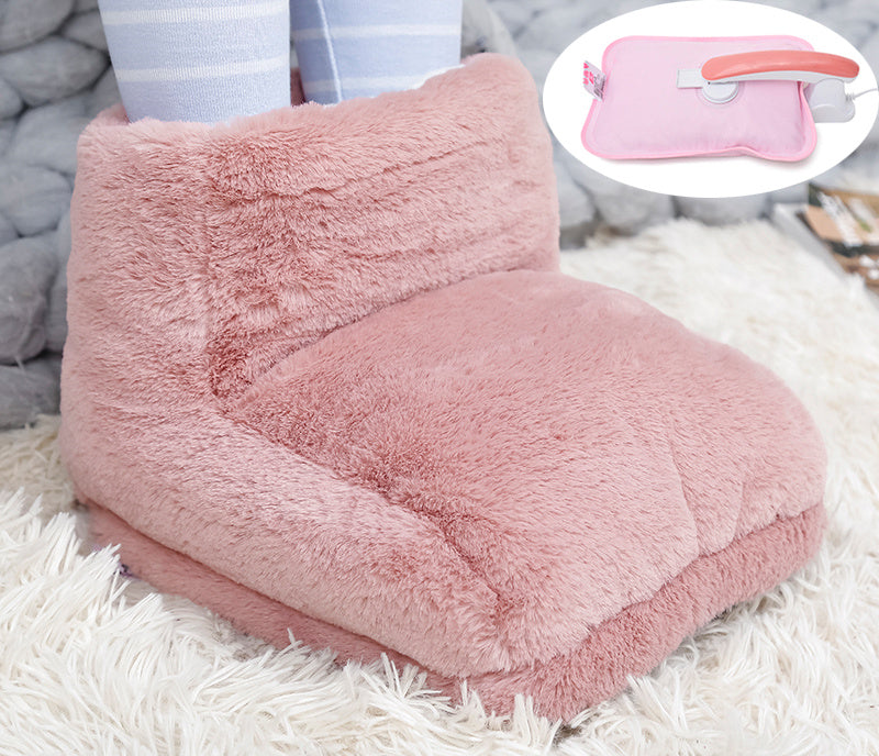 Plush, pink faux-fur electric foot warmer. Includes an inset showing the detachable heating unit for charging.