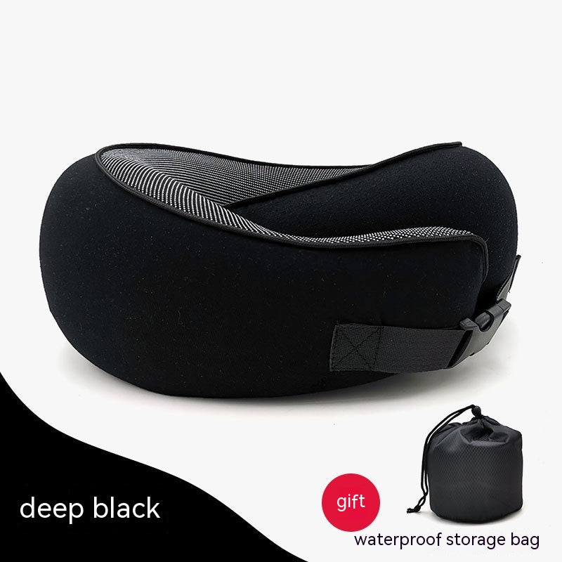 Black cervical neck pillow with mesh top and side buckle, accompanied by a small black waterproof storage bag.