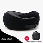 Black cervical neck pillow with mesh top and side buckle, accompanied by a small black waterproof storage bag.