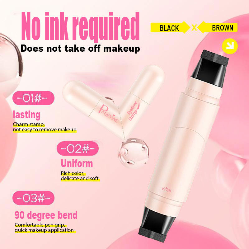 Digitaldistribution375 pink eyeliner stamp pen with dual-ended black applicator tips, set against a pink background.