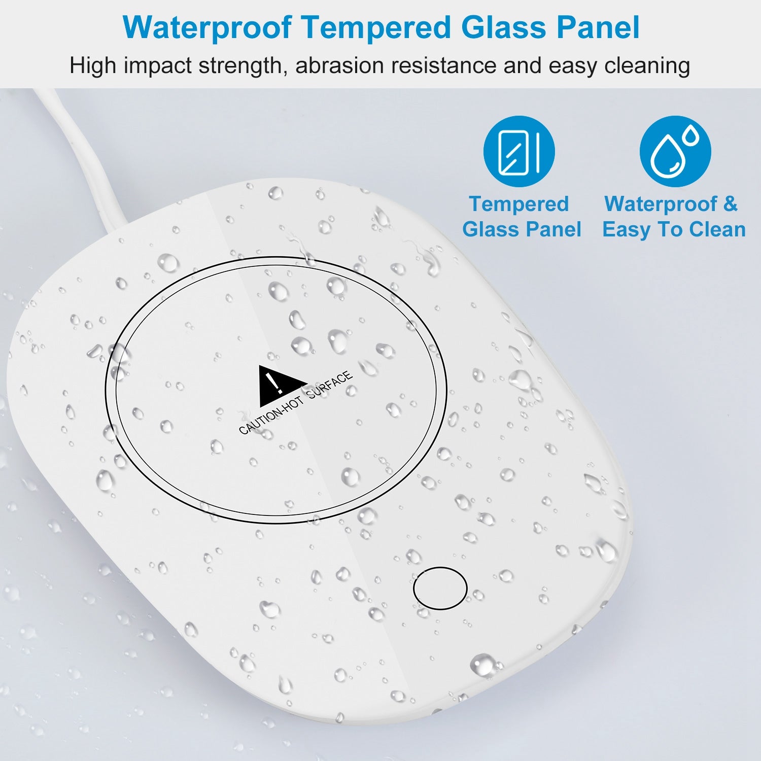 White, oval electric mug warmer featuring a waterproof, easy-to-clean tempered glass surface and a power button.