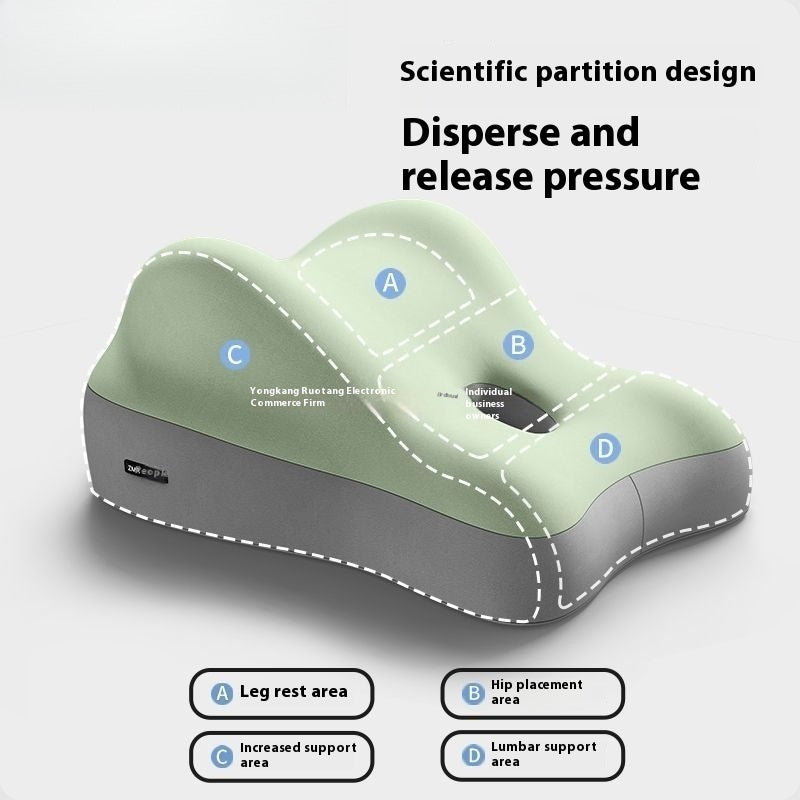 Green and gray ergonomic foam cushion for face-down sleep with labeled zones for leg, hip, and lumbar support.