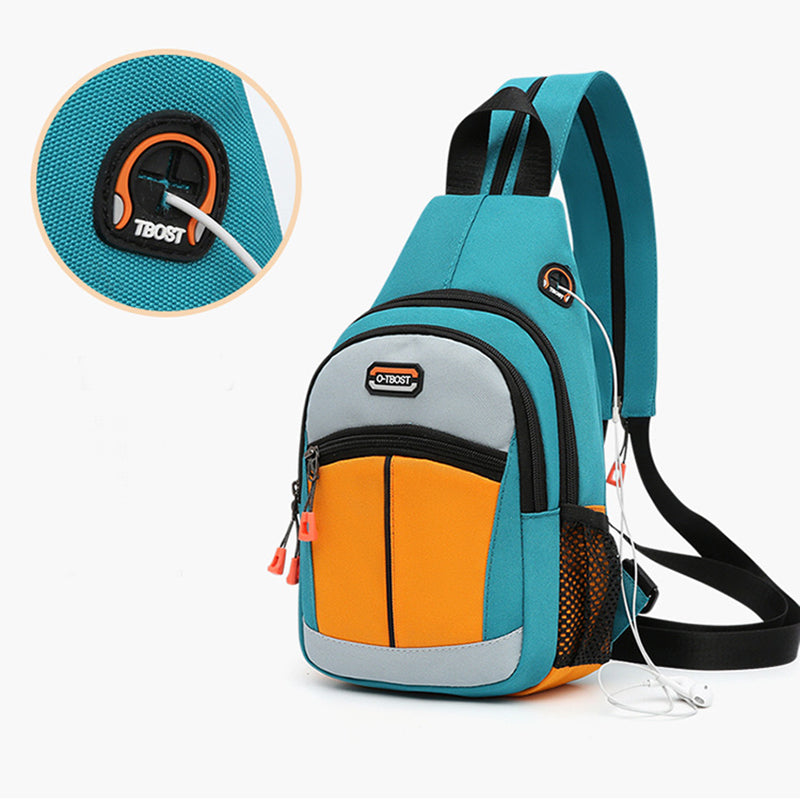 Teal, orange, and grey sling backpack with USB port, black mesh side pocket, and adjustable shoulder strap.