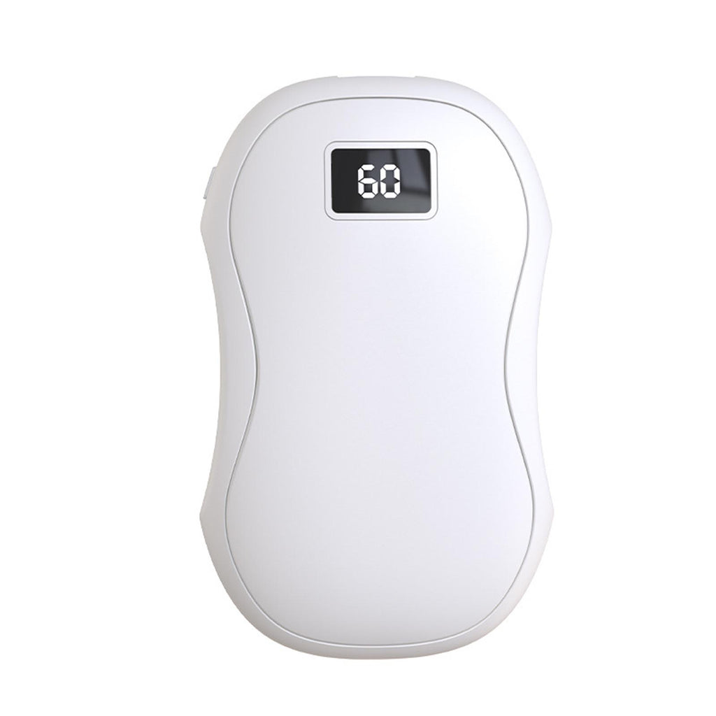 White, smooth-surfaced, oval-shaped electric hand warmer featuring a central digital display showing the number 60.