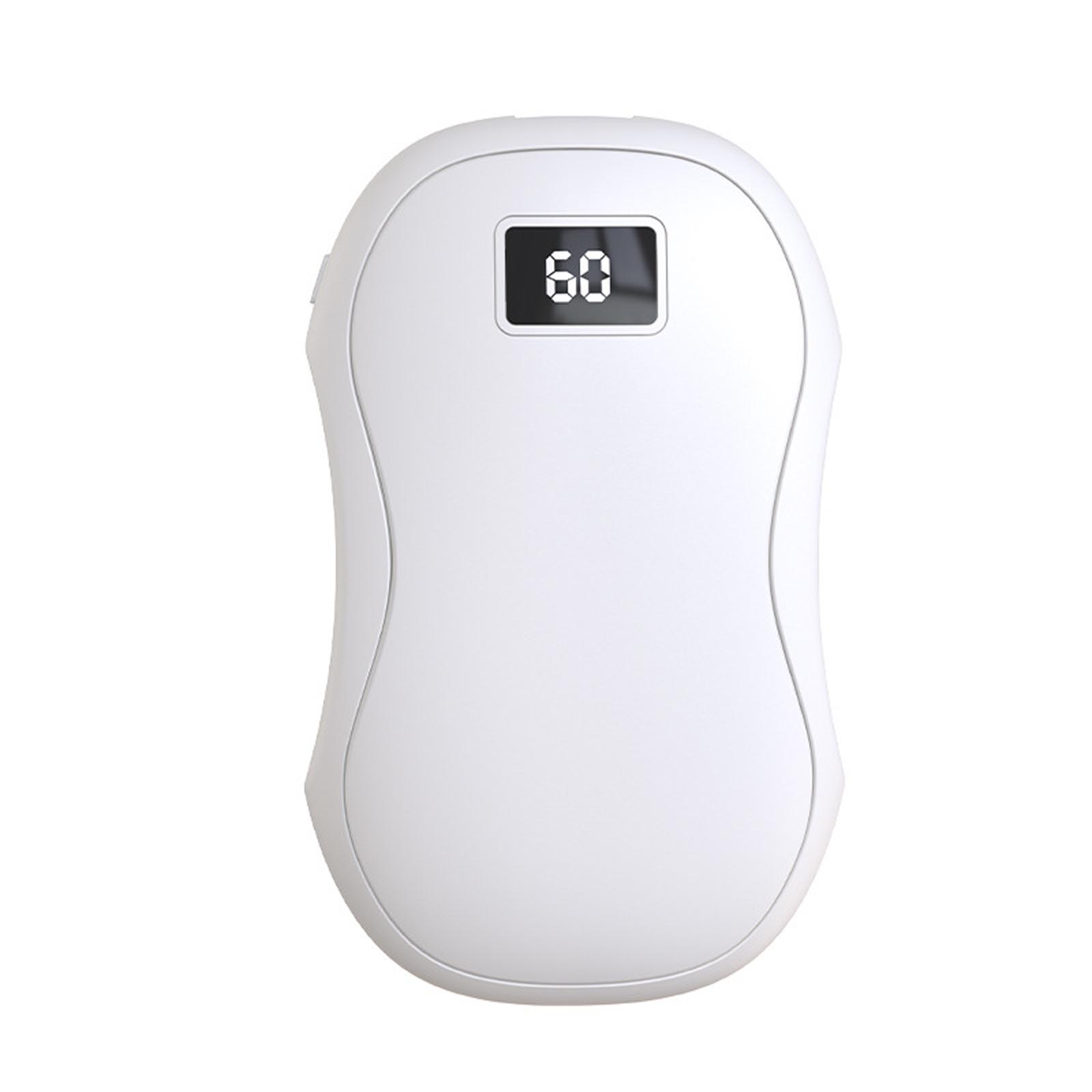 White, smooth-surfaced, oval-shaped electric hand warmer featuring a central digital display showing the number 60.