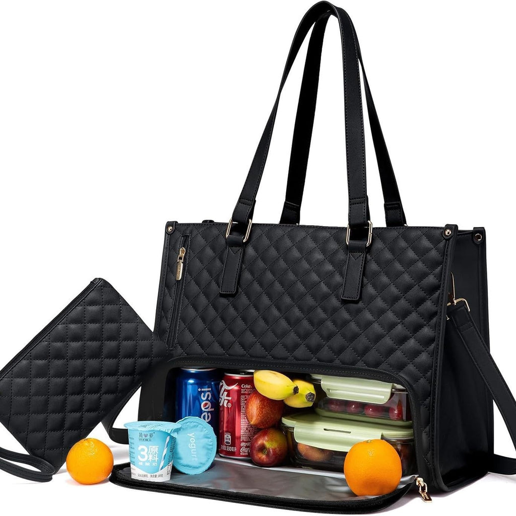 Black quilted lunch tote with matching purse, featuring an insulated, zippered bottom compartment for food storage.