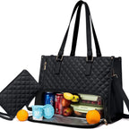 Black quilted lunch tote with matching purse, featuring an insulated, zippered bottom compartment for food storage.