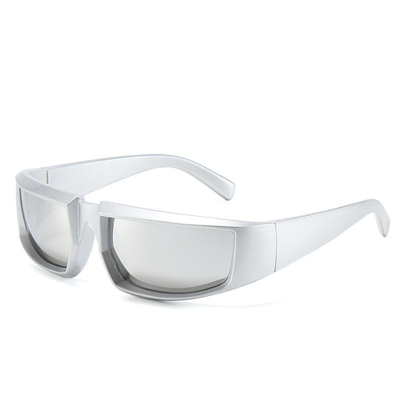Sporty, silver-framed sunglasses with reflective mirror lenses, featuring a sleek, futuristic wraparound design.