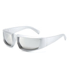 Sporty, silver-framed sunglasses with reflective mirror lenses, featuring a sleek, futuristic wraparound design.