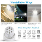 White wireless LED motion sensor spotlight with 7 bulbs, showing three installation methods and multiple use cases.