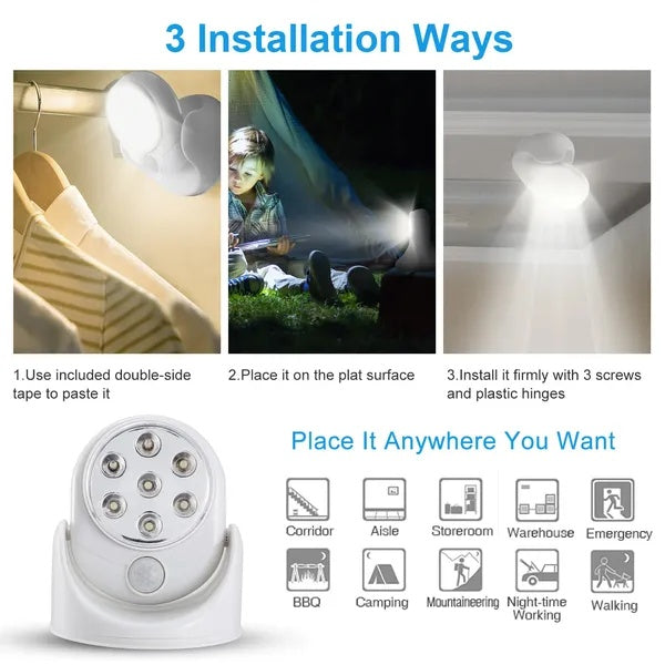 White wireless LED motion sensor spotlight with 7 bulbs, showing three installation methods and multiple use cases.