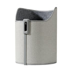 Curved gray fabric under-desk foot warmer with a digital temperature display on the front edge.