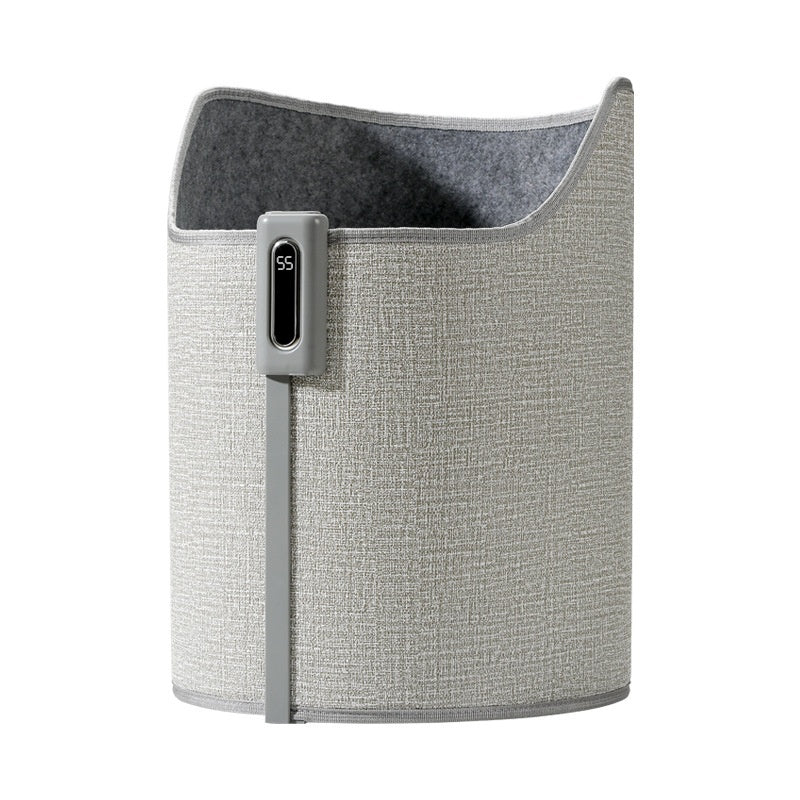 Curved gray fabric under-desk foot warmer with a digital temperature display on the front edge.