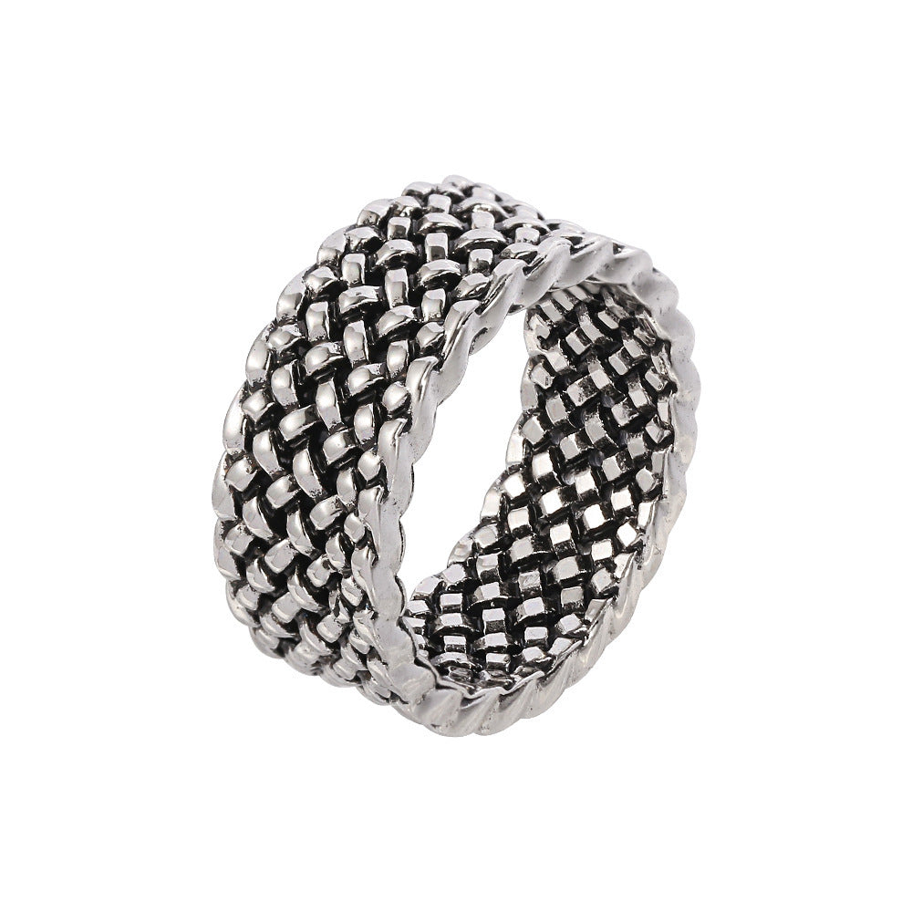 A silver-tone hip-hop style ring featuring a detailed woven mesh texture on a white background.
