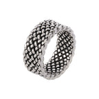 A silver-tone hip-hop style ring featuring a detailed woven mesh texture on a white background.