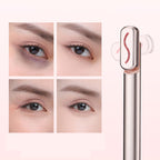 Rose gold 4-in-1 facial massager wand shown with before-and-after eye area treatment results on a pale pink background.