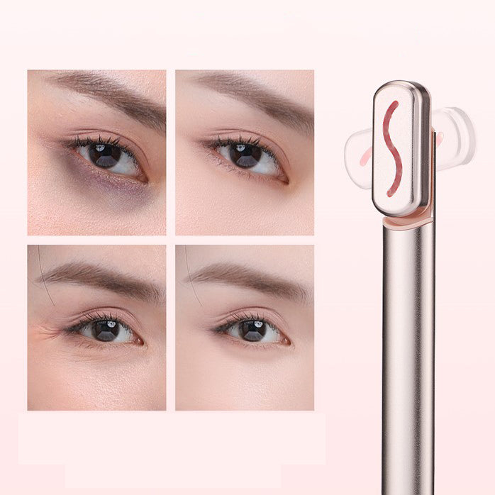 Rose gold 4-in-1 facial massager wand shown with before-and-after eye area treatment results on a pale pink background.