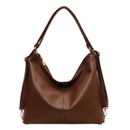 Brown PU leather hobo shoulder bag with smooth texture, minimalist design, gold hardware, and a single top handle.