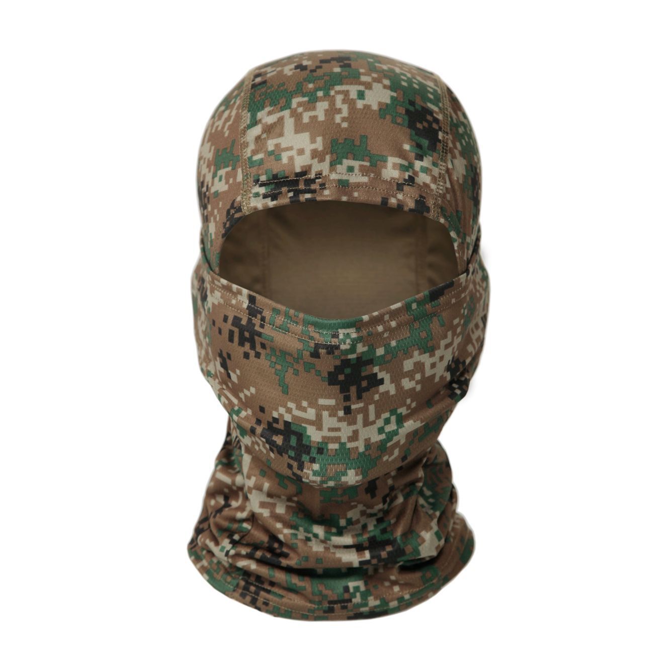 Digital camouflage full-face balaclava in tan, green, and black with a breathable, flexible fabric design.