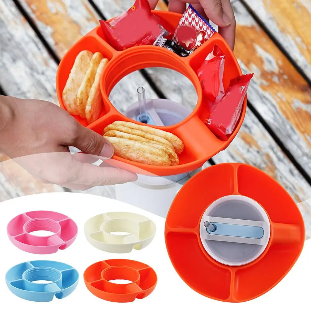 Orange silicone 4-compartment snack ring fits on a 40oz cup. Other colors shown: pink, cream, and light blue.