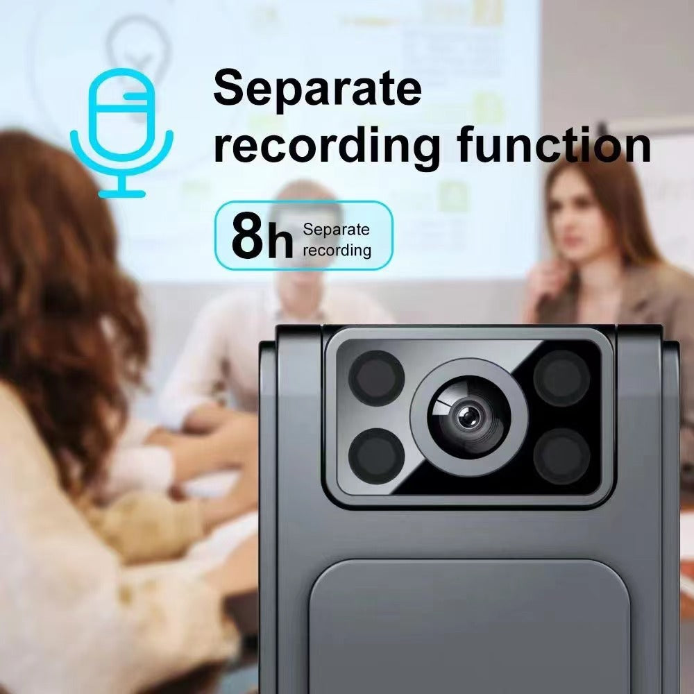 L8 portable matte grey magnetic camera with a multi-lens array, featuring 8-hour separate recording capabilities.